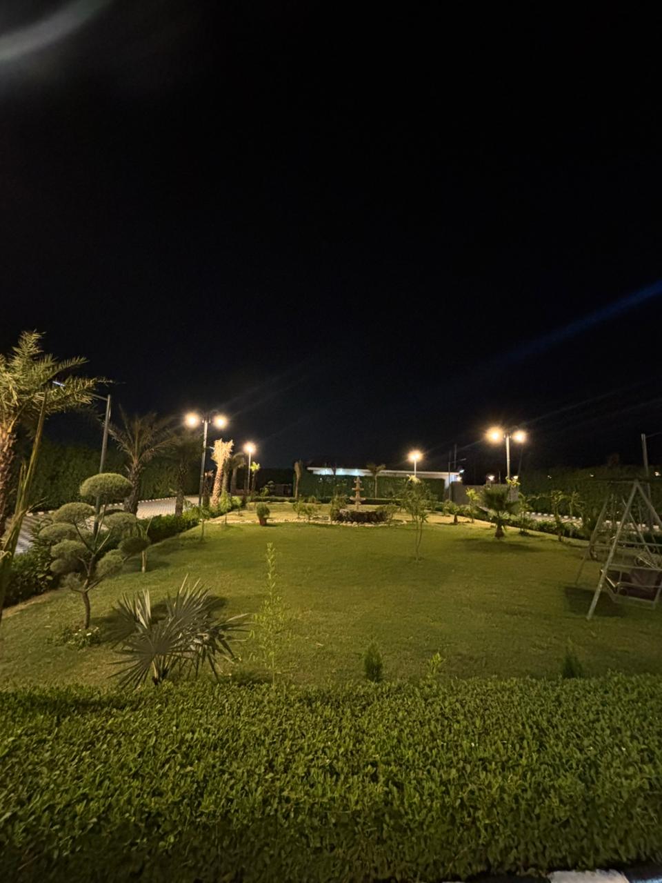 Garden walk with fountain at night